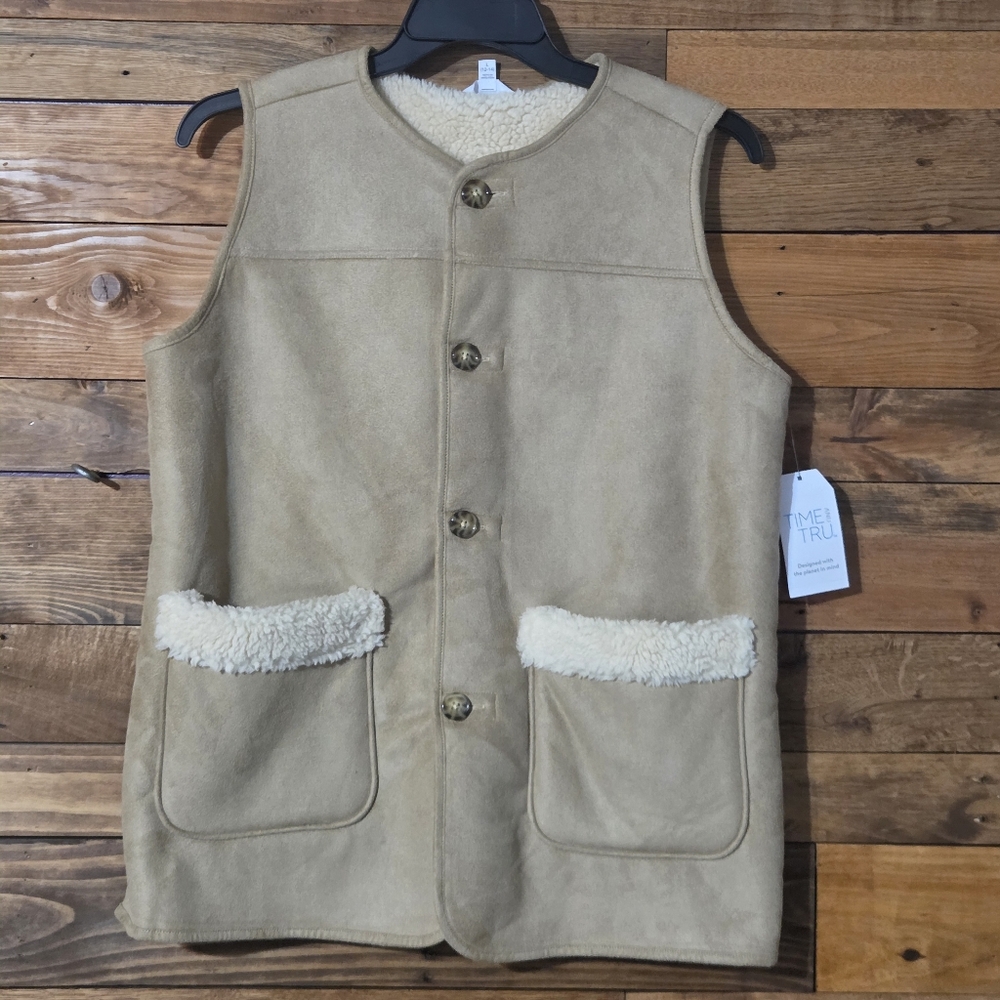 NWT Sherpa Lined Faux Suede Vest Tan Brown Women's Sz L Men's Tan Shearling Vest